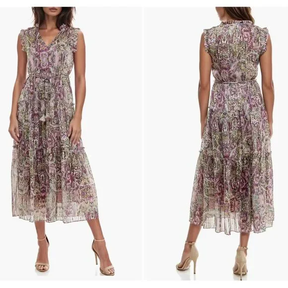 NWT Socialite Metallic Floral Print Tiered Sleeveless Purple Green Dress Size XL - Picture 1 of 7